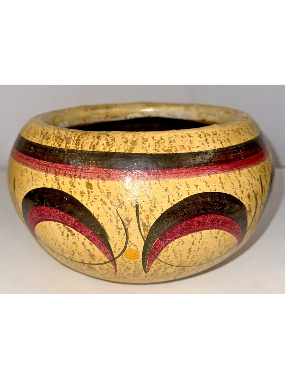 VTG Mexico folk art pottery hand painted stone & clay medium planter pot 9"x5"